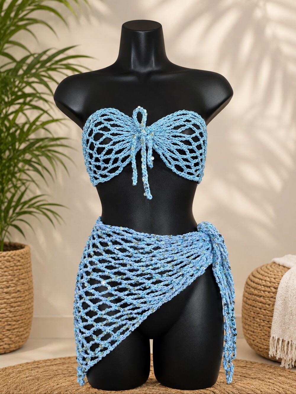 Handmade Blue/Green Sequin Crochet Sarong Set, One Size Fit All,